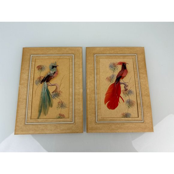 Vintage Feather Bird Art Pieces Set of 2,Red & Blue Animal Home Wall Art 5x7 - Picture 3 of 12